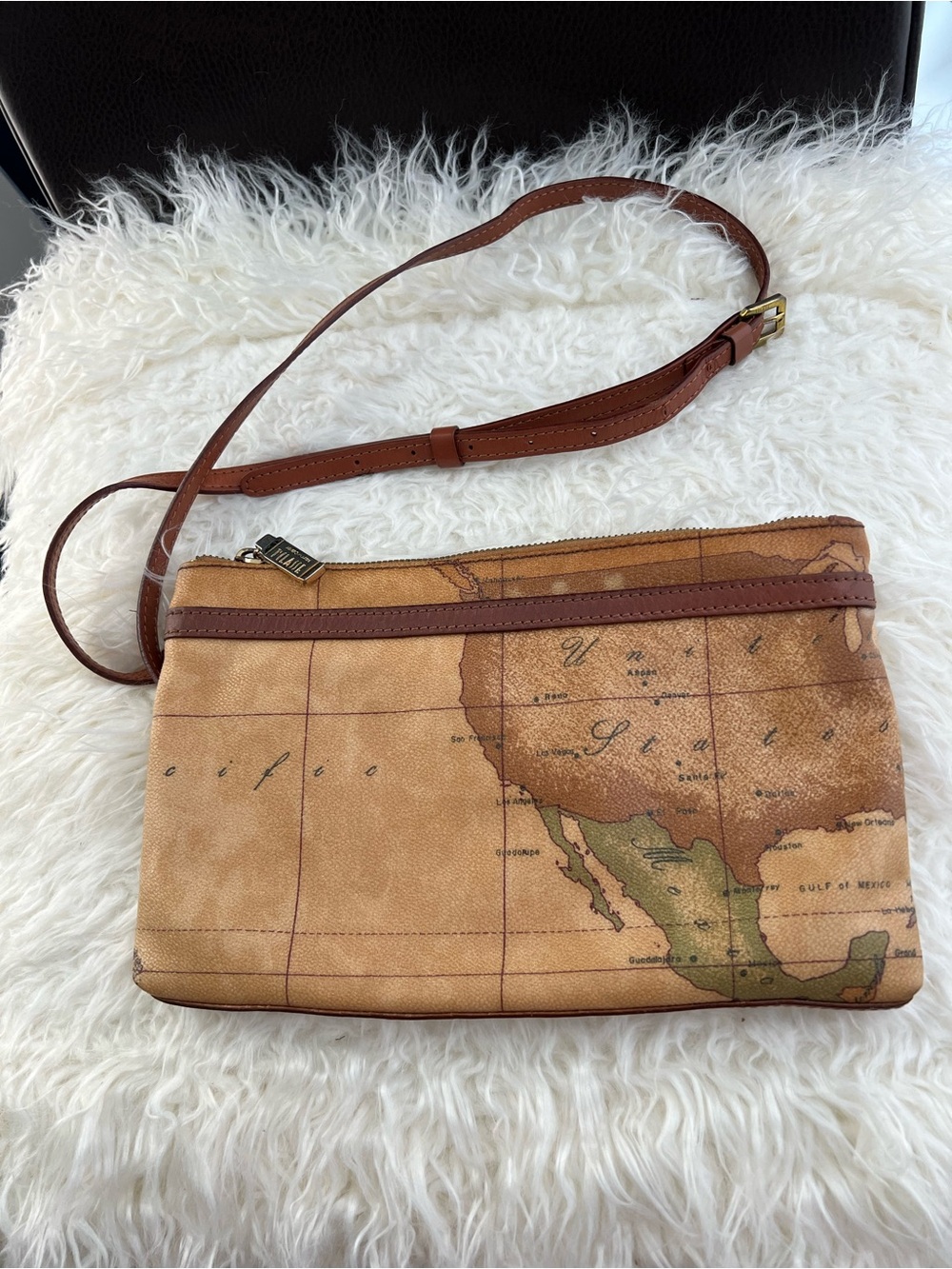 Alviero Martini Beige and Brown Map-Print Messenger Bag